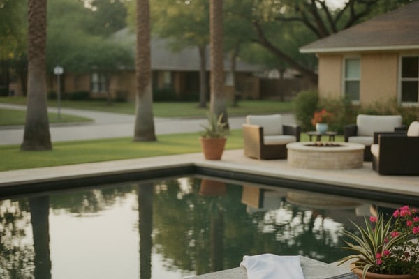 Backyard pool with stone bench, potted flowers, lounge seating, and tan house surrounded by tall trees