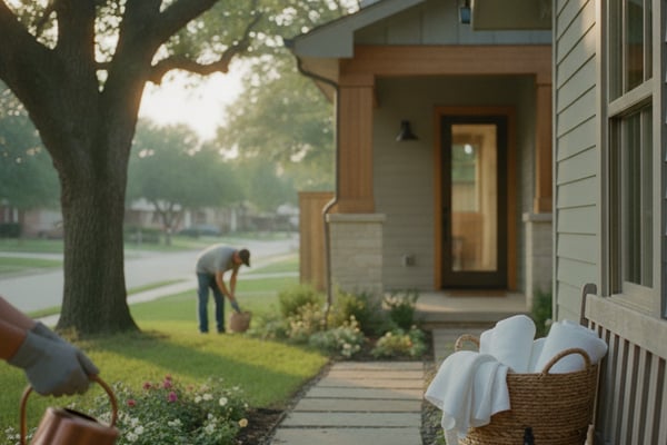 Modern house with covered porch, stone pathway, potted plants, and large tree in front yard with person gardening