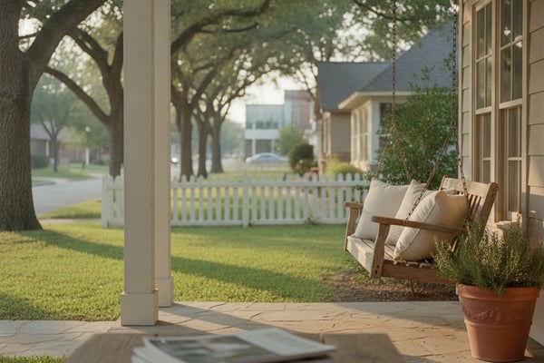 Covered porch with hanging swing, potted plant, and view of tree-lined street with white picket fence