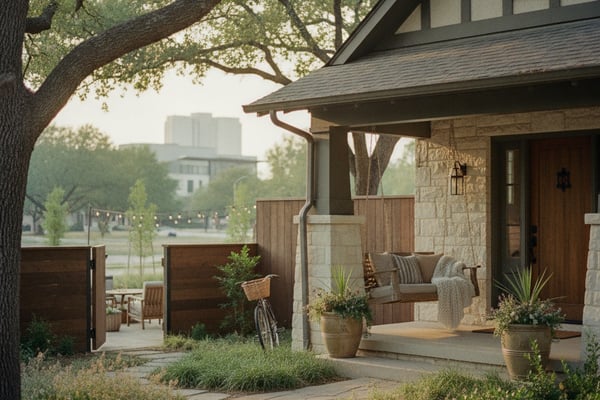 Modern farmhouse porch with stone exterior, wooden seating, potted plants, and large oak tree overhead