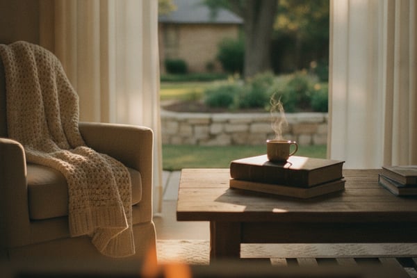 Sunlit living room with cream armchair, wooden table with steaming mug and books, overlooking garden through open doors