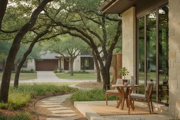 Modern home patio with wooden chairs and table beneath large oak trees, stone pathway leading to neighboring houses
