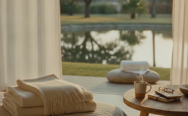 Bedroom with folded blankets, coffee mug, and books on wooden table overlooking lake and palm trees through sheer curtains